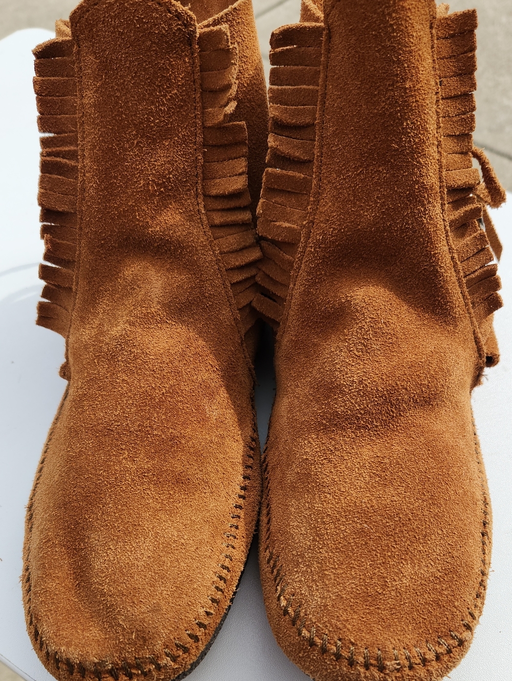 Minnetonka Suede Fringe Ankle Boots - Chestnut Brown 11